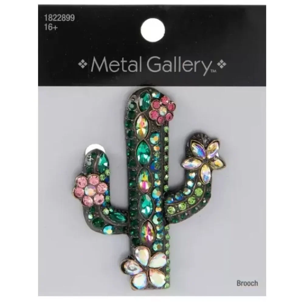 New Metal Gallery Jeweled Cactus Brooch - Green & Pink